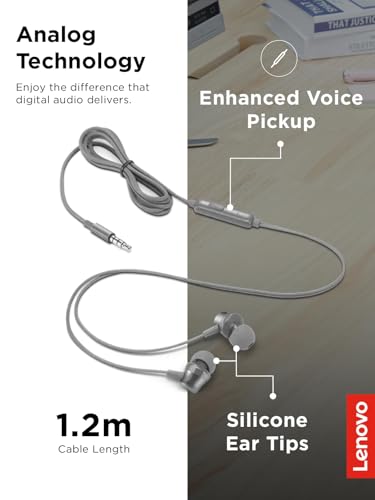 Image of Lenovo 110 Analog in-Ear Wired Earphone with 3.5 mm Audio Jack, Noise Isolation, Built-in Mic & Inline Controls, Comfortable Fit, Grey - Universal Compatible Earbuds for Music & Calls