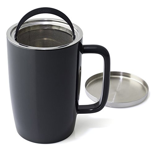 Forlife Dew Glossy Finish Brew-In-Mug With Basket Infuser & "Mirror" Stainless Lid 18 Oz., Black Graphite #TOP3