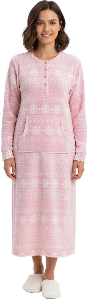 ((similar))Alexander Del Rossa Fleece Nightgowns for Women Long Sleeve, Womens Nightgowns Long Sleeve - Solid and Flannel Plaid X-Large Christmas Red Snowflakes
