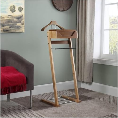 Perchero de pie con bandeja extraíble y estante de metal para zapatos, ideal para organizar trajes y accesorios en el dormitorio o armario