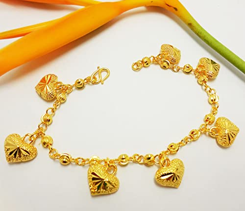 Lovely Hearts 23K 24K THAI BAHT YELLOW GOLD Plated Charm Bracelet 7.5 inch Jewelry Women2