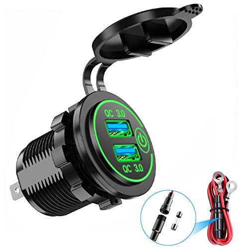 YONHAN Quick Charge 3.0 Dual USB Car Charger with Switch, Waterproof 36W 12V USB Outlet Fast Charger Power Outlet for Marine Boat Motorcycle Truck Golf Cart and More