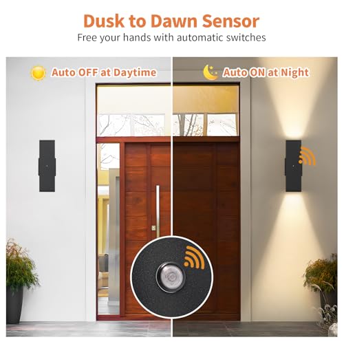 Image of Dusk to Dawn Exterior Porch Lights, LED Up Down Outdoor Sconce Light 6-Pack | Bulb Incl., 3000K Square Black Exterior Lighting Fixtures with Sensor, IP65 Waterproof Outside Porch Lights for House Garage