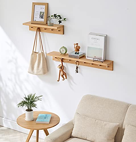 OAKERLAND Estante Flotante de Madera Maciza Con Ganchos, 70cm Balda Pared Para Entrada, Baño, Dormitorio, Sala de Estar (70cm - 6 Ganchos) - imagen 6