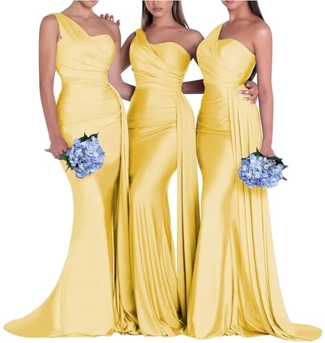 Image of One Shoulder Bridesmaid Dresses for Wedding Long Satin Bodycon Prom Dress Mermaid Formal Evening Gowns