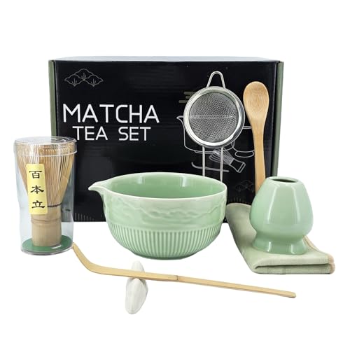 Lumanothy Set Matcha 8 Piezas, Kit Matcha Completo con Cuenco Matcha, Batidor Bambú, Soporte, Set Té Japonés, Regalo para Principiantes, Rayado
