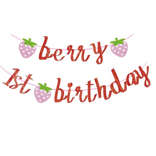 Bannière « Berry First Birthday », bannière « Happy 1st Birthday », « Sweet One », « My 1st Birthday », décorations de fête à paillettes pour bébé fille (rouge)
