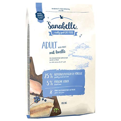 Sanabelle Trockenfutter für ausgewachsene Katzen, glutenfrei mit Forelle 10 kg, für Zimmerkatzen ab 1 Jahr, reich an Omega-3 und 6 und Inulin