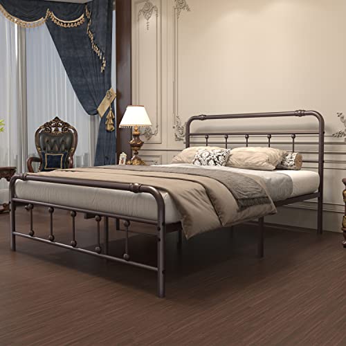 Debercu Queen-Size-Bed-Frame With-Headboard And Footboard - No Box Spring Need,Victorian Vintage Heavy Duty Metal Platform Mattress Foundation(Brown) #TOP2