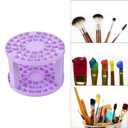 Image of PATIKIL 2pcs Paint Brush Holder, Paint Brush Storage Organizer 49 Holes Plastic Paint Storage Desk Stand Round for Artist Desk Makeup Pencil, Purple