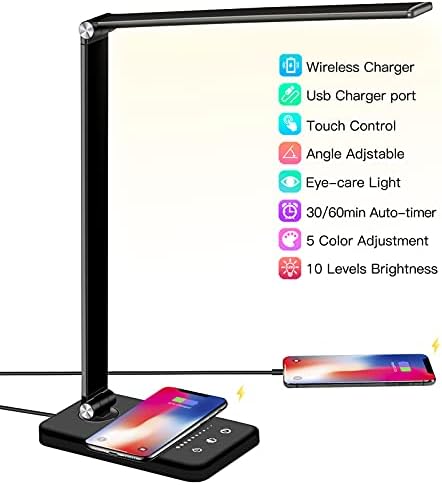 LED Desk Lamp with Wireless Charger, USB Charging Port, BIENSER Table Lamp with 10 Brightness Level, 5 Lighting Color, Dimmable Eye-Caring Desk Lamps for Home Office, Touch Control,30/60min Auto Timer