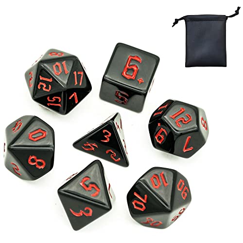 KSNDie 7-Die Polyhedral DND Dice Set, Black D&D Dice with Leather Pouch for Role Playing Games, Black with Red Number, D4 D6 D8 D10 D12 D20 D%