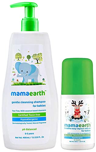 Image of Mamaearth Gentle Cleansing Natural Baby Shampoo (400 ml) & Mamaearth Natural Breathe Easy Vapour Roll-on for Cold & Nasal Congestion, with Wintergreen & Eucalyptus Oil.
