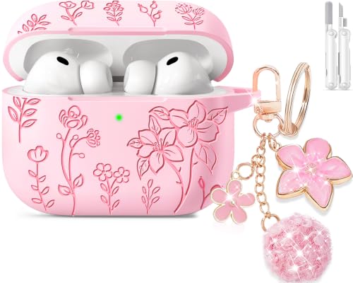 Image of Ekoonpft for AirPods Pro 3 Case Pink, Flower Engraved Soft Silicone Case