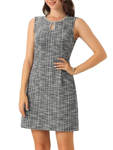 Image of Allegra K Women's Elegant Tweed Dress Keyhole A-Line Sleeveless Casual Work Dresses