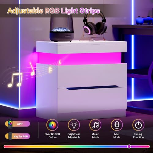 Image of TEENFON Nightstands Set of 2, Night Stand with Sliding Top, Nightstand with App-Controlled Adjustable LED Lights, Bedside Table with 2 Drawers, Modern Nightstands for Bedroom,White
