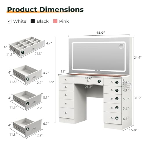 Furnivado White Vanity with Lighted Mirror, 11 Drawers Vanity Mirror with Lights, 46\" Makeup Vanity Desk with 3 Lighting Modes Adjustable Brightness, Vanity with Glass Top for Bedroom - Thumbnail 2