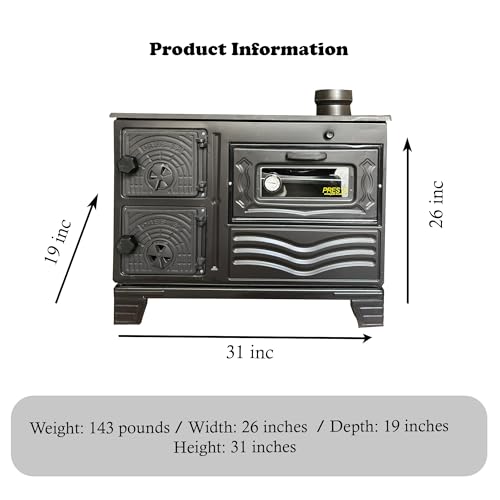 Cast Iron Wood Cook Stove | Wood Burning Range with Oven, Thermometer | Village House Cabin Stove Made in Turkiye (Black)