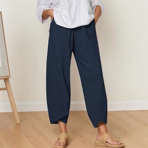 Women's Cotton Linen Capri Pants Casual Elastic Waist Baggy Trousers Comfy Wide Leg Beach Lounge Cropped Pants2