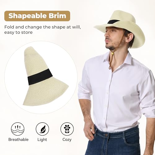 Image of Straw Cowboy Hat for Men Women Western Cowgirl Hats with Shapeable Wide Brim for Beach Sun Summer