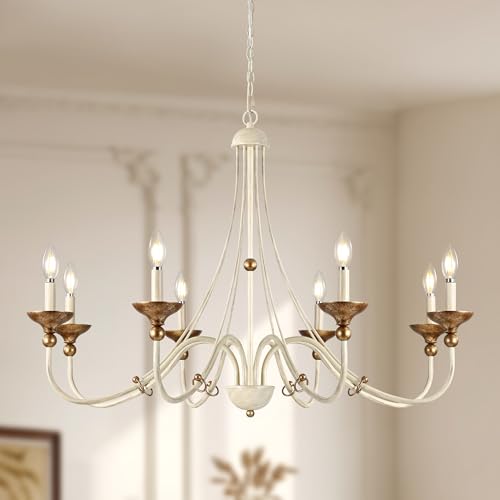 37.4" Large French Country Chandelier, 8-Light Farmhouse Chandelier for High Ceilings, Rustic Grand Vintage White&Antique Gold Hanging Light Fixture for Dining Room Living Room Kitchen Stairway