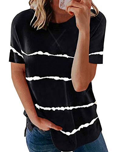 BUOYDM Mujer Camiseta de Manga Larga Raya Cuello Redondo Casual Algodón Camisa y Blusa Suelto Tops (L, Negro-2) Cover