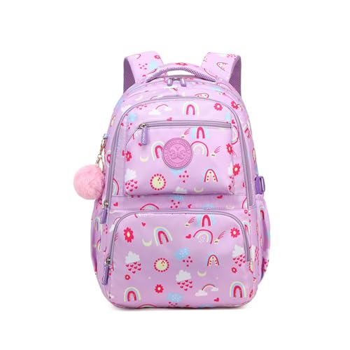 Kids Backpack for Girls,Rainbow Print Bookbag Elementary School Bag,Cute Daypack With Plush Pendant Lightweight Purple Girls Backpack - Main Image