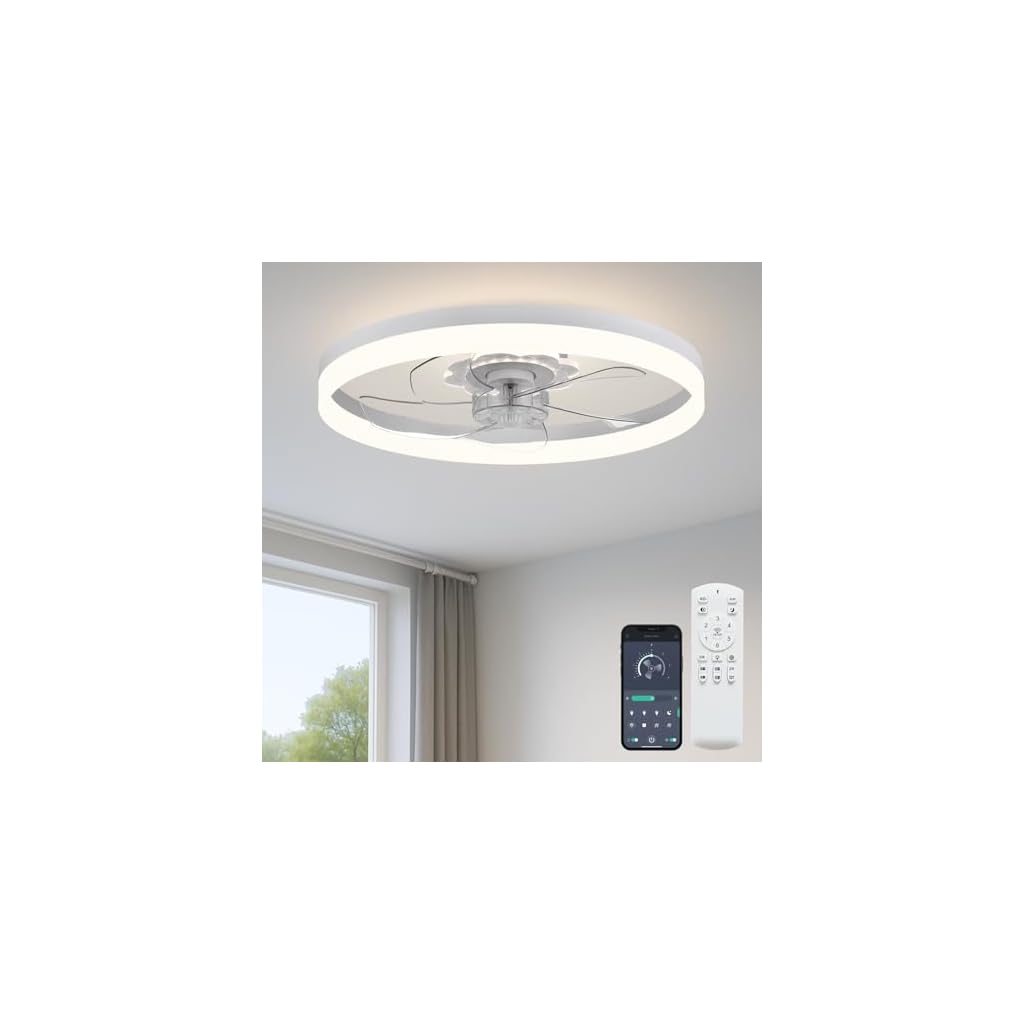 20‘’ Ceiling Fan with Light, Upgraded Low Profile Fan, Flush Mount Ceiling Fan, 6 Speeds, Dimmable LED, App & Remote Control, Quiet DC Motor, for Bedroom, Living Room, F115 White