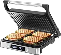 Olvy Sandwichmaker XXL, Digitaler Kontaktgrill mit Antihaftplatten, 3-in-1 Panini Maker, 180° offener Grill, einstellbare Temperatur, Timer, große Kochfläche, Cool-Touch-Griff