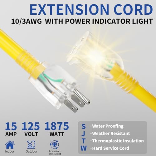 cismorvex 3FT Outdoor/Indoor 10/3 Extension Cord with Lighted, Yellow - 1