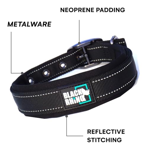 Black Rhino - The Comfort Collar Ultra Soft Neoprene Padded Dog Collar for All Breeds - Heavy Duty Adjustable Reflective Weatherproof (Large, Black)