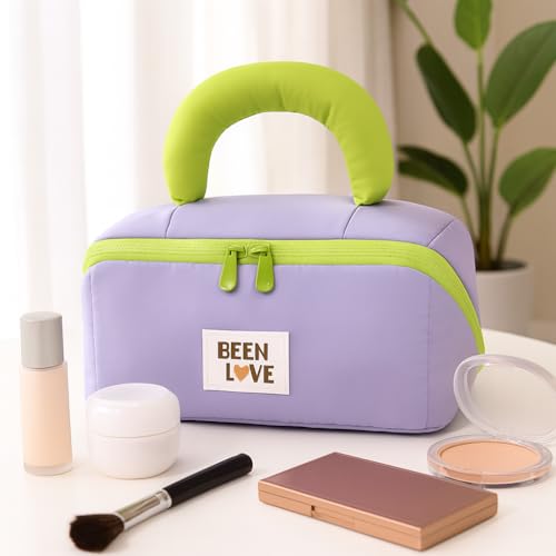 Image of Travel Makeup Bag for Women | Portable Cosmetic Organizer with Handle & Zipper | Waterproof Toiletry Pouch for Makeup Brushes, Skincare & Accessories (Cross Open Bag, Purple)