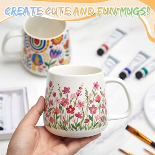 Image of Geiserailie Mug Painting Kit for Adults, Paint Your Own Ceramic Mug DIY Set with 2 Mugs, 12 Acrylic Paints, 3 Brushes & Palette Creative Gift for Graduation Mother's Day Birthday Party(Simple Bulbous)