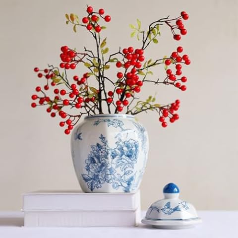 XIUWOUG Blue & White Hand Painted Ceramic Ginger Jar with Lid Porcelain Chinoiserie Temple Jar Vase Kitchen Home Decor for Interior Design,Ice bird 10in Cover