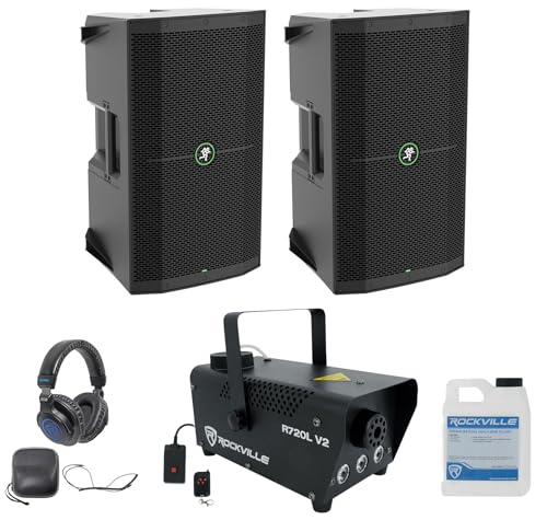 Audiosavings Bundle: (2) Mackie Thump210XT 1400w Powered DJ PA Speaker w/Feedback Eliminator/Bluetooth Bundle with Rockville DJ1500 DJ Headphones & Rockville R720L Fog/Smoke Machine (4 Items)