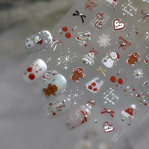 Image of Christmas Nail Stickers Snowman Nail Sticker for Nails Art Silver Nails Decals with Design Gingerbread Man Nail Decals 5D Self Adhesive Xmas Tree Nails Stickers for Women Girls Kid Manicure Decoration
