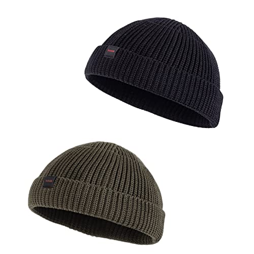 DASMINI Fisherman Beanie Hats for Men Women,Knit Trawler Skull Cap,Watch Cap,Spring Fall Short Hats, 2pcs:black+ Olive(m), Medium