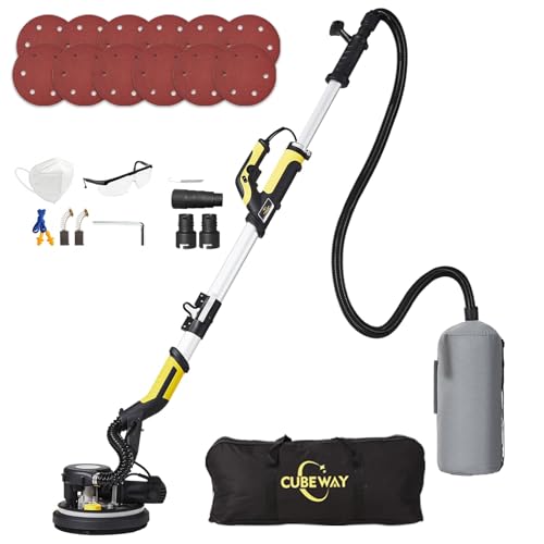 CUBEWAY Drywall Sander, 750W 6.5A Wall Sanders with Vacuum Dust Collection, 7 Variable Speed, LED Light, with 12pcs Sanding Discs, Foldable Extendable Electric Sander for Walls Popcorn Ceiling