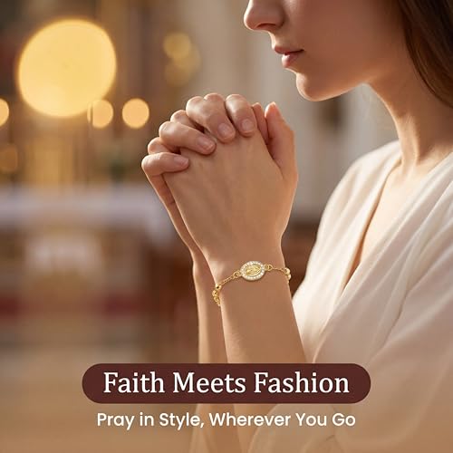 Women's Gold Virgin Mary Bracelet - 14K Gold Plated Religious Cross Bracelet,Dainty Golden Non Tarnish Virgen De Guadalupe Natural Stone Beaded Jewelry,Catholic Faith Baptism Confirmation Gift for Her by TERDENVOEN - Used condition - Image 6