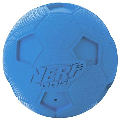 Nerf Dog Soccer Ball Dog Toy With Interactive Squeaker, Lightweight, Durable And Water Resistant, 2.5 Inches, For Small/Medium/Large Breeds, Two Pack, Blue And Red #TOP3