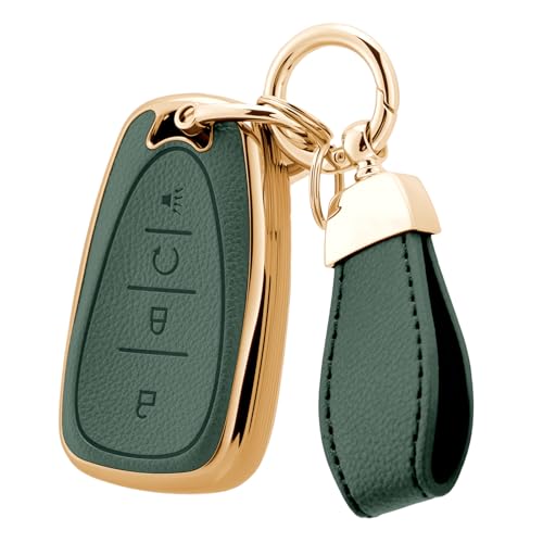 WCHJUD Soft Upper Leather TPU Key Fob Cover Case for Chevy Bolt Equinox Trax Sonic Volt 2017-2025 Accessories with Keychain (Gold-edged green 4 Buttons)