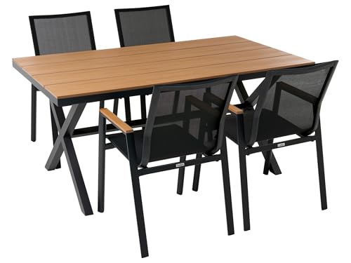 Beliani Conjunto de jardín de Aluminio 4 plazas 4 sillas Mesa de Madera plástica Patio Exterior Negro Tiano