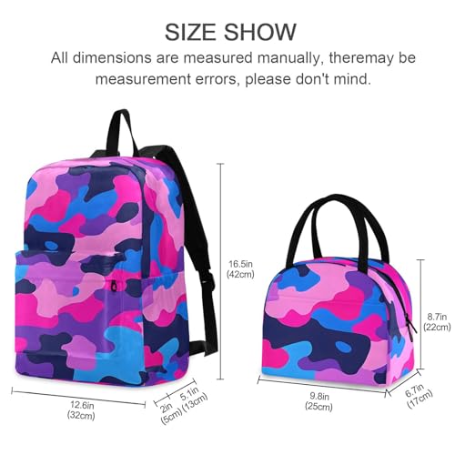 Backpack Lunch Box Set Large Capacity Travel Backpacks and Insulated Lunch Bag for Commute Hiking Picnic Vivid Camouflage Print2