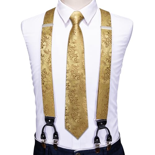 Image of Barry.Wang Men Suspender Set with Necktie Elastic Y Type Heavy Duty 6 Clips Braces Tie Handkerchief Cufflink Pin 6PCS
