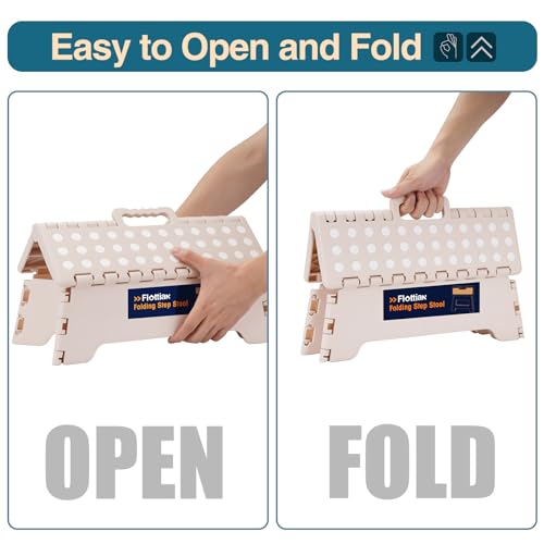 Image of Flottian 5 inch Folding Step Stool for Adults and Kids 15-Inch Extra Wide Stool Holds Up to 300 lbs,Non-Slip Folding Stools with Handle,Compact Plastic Foldable Step Stool for Bathroom,Kitchen,ect Khaki