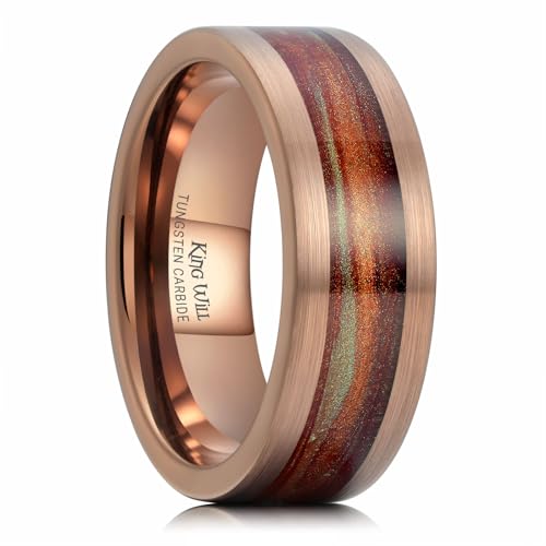 King Will 8mm Mens Tungsten Wedding Band Gorgeous Golden/Silver/Brown Flat Pipe Cut Carbide Ring Yellow/White/Mocha Green Sand Inlay Men's Engagement Ring Matte Brushed Finish Comfort Fit Size 7-14