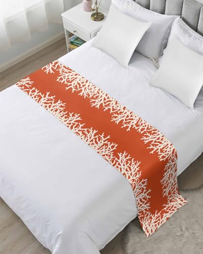 Coastal Coral Bed Runner Scarf for Queen Size Bed Foot,Decorative Bedding Accessory Stainproof & Dustproof Soft Protector For Bedroom Wedding Room Orange White Ocean Marine Nautical Beach 94