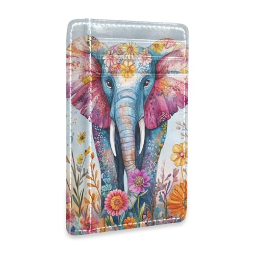 Colorful Elephant and Flowers leather slim small wallets With ID Window RFID Blocking card holder for Men and Women