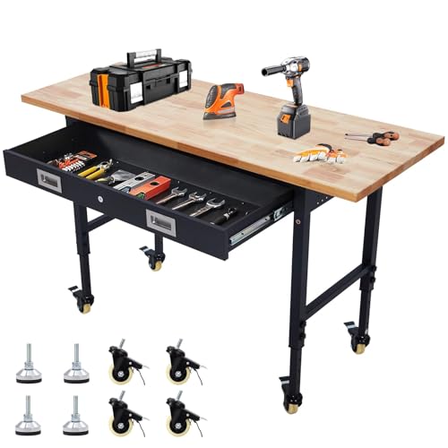 60" Work Bench, Heavy Duty Adjustable Height Table with Power Outlets, Portable Garage & Workshop Work Bench, 2000 LBS Capacity, Office, Home Use, Easy Assembly, Multipurpose Utility Table