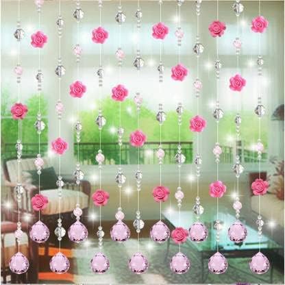 Décor Shop Modern Acrylic Crystal String Flower Design Bead Curtain 10 Strings 7ft Height White Pink
